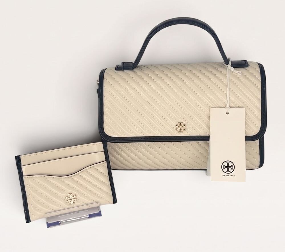 $710 Tory Burch Emerson Quilted Ivory Satchel + Card Holder Matching Set